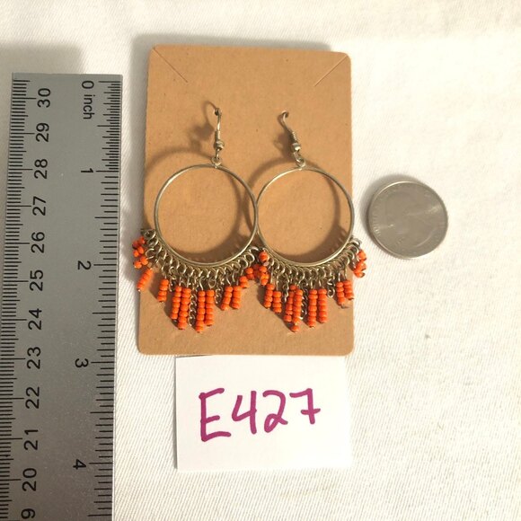 Open Hoop Orange Beaded Dangle Gold Tone Chain Earrings - Picture 4 of 5